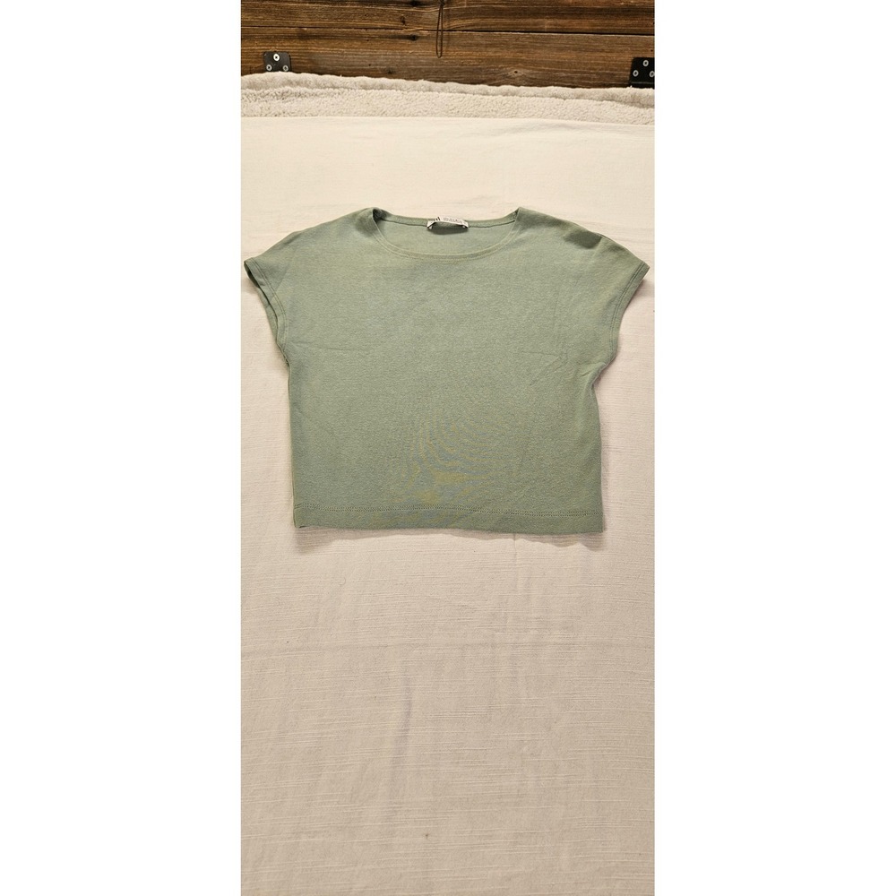 Zara Womens Sage Green Ribbed Knit Crop Top Cap Sleeve Crew Neck Size Large
